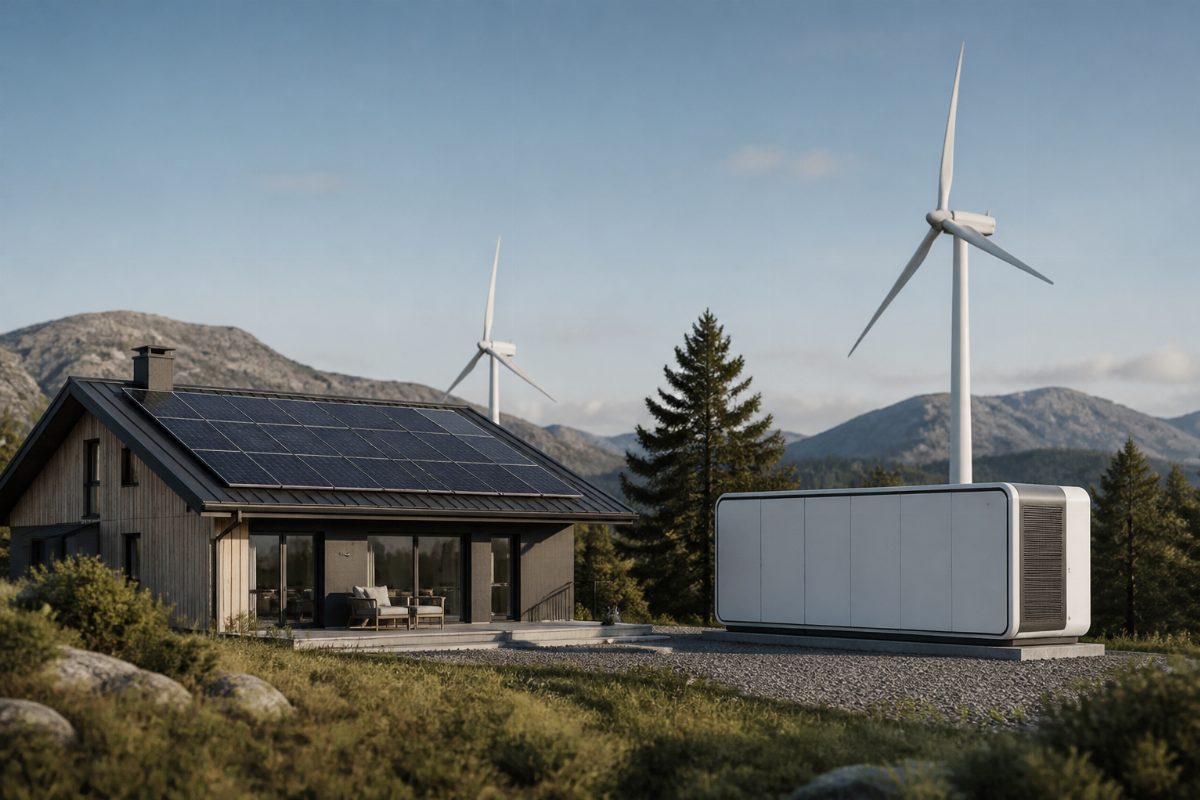 Hus med solpaneler och vindkraftverk i bakgrunden